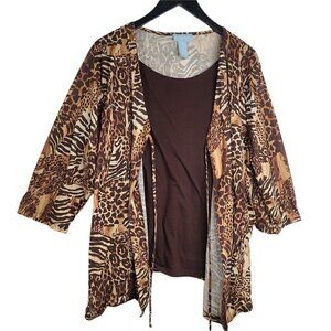 Liz & Me Brown Cheetah Safari Layered Top Blouse Plus